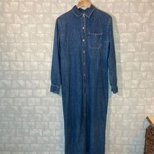 100% Cotton Denim Lauren Jeans Co Button Front One Pocket Maxi Long Dress Large
